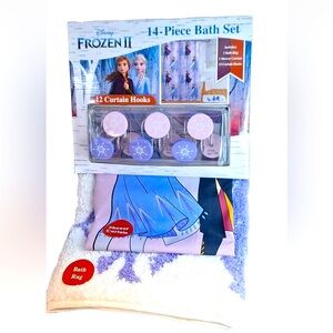 Disney Frozen II - 14 Piece Bathroom Set - Shower Curtain, 12 Hooks, & Bath Mat